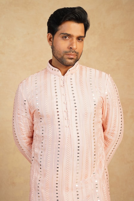 Millionaire_Pink Silk Mirrors, Embroidery Work Kurta Set _at_Aza_Fashions