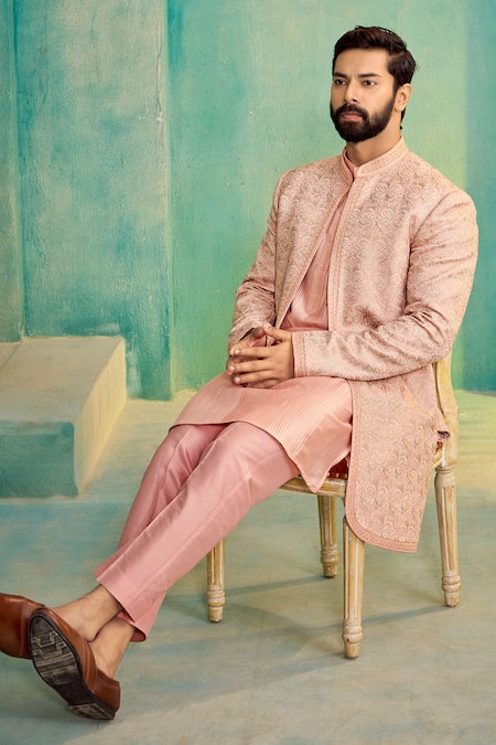Shop_Millionaire_Pink Embroidery Bandhgala Jacket Set _Online_at_Aza_Fashions