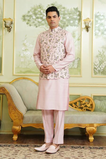 Millionaire_Pink Silk Embroidery, Metallic Thread Work Koti And Kurta Set _Online_at_Aza_Fashions