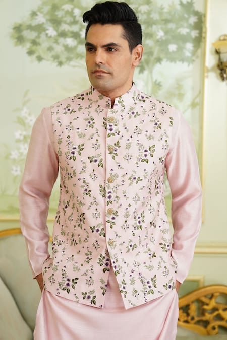 Buy_Millionaire_Pink Silk Embroidery, Metallic Thread Work Koti And Kurta Set _Online_at_Aza_Fashions