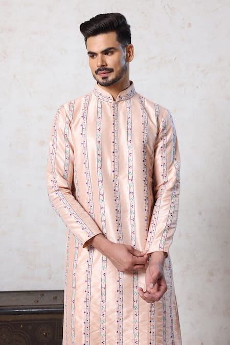 Millionaire_Peach Dupion Embroidery Thread Work Kurta Set _Online_at_Aza_Fashions