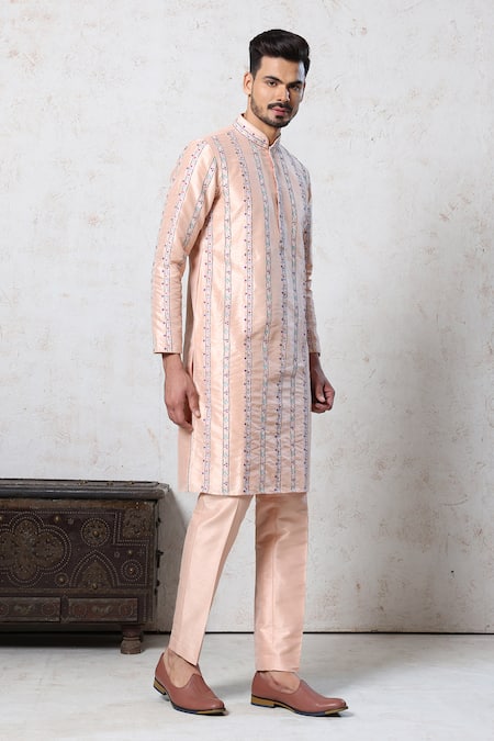 Buy_Millionaire_Peach Dupion Embroidery Thread Work Kurta Set _Online_at_Aza_Fashions