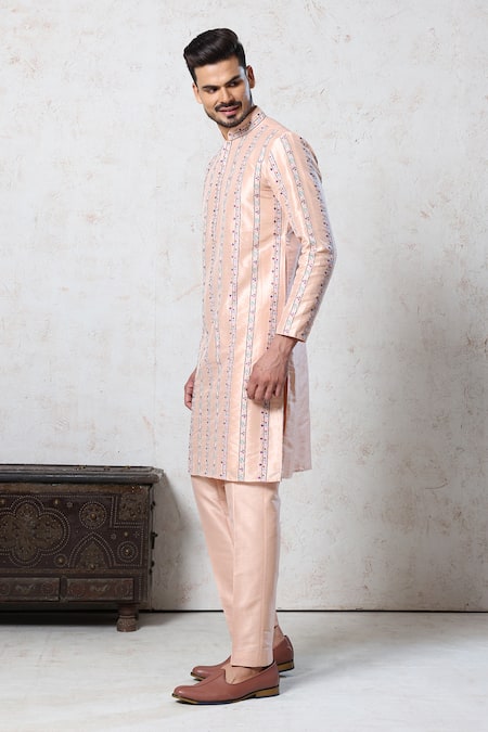 Shop_Millionaire_Peach Dupion Embroidery Thread Work Kurta Set _Online_at_Aza_Fashions