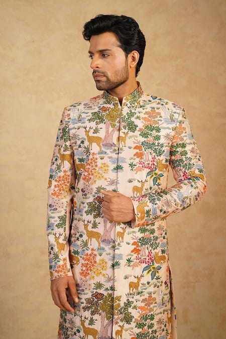 Shop_Millionaire_Peach Silk Embroidery Floral Sherwani Set _Online_at_Aza_Fashions