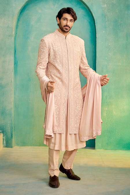 Shop_Millionaire_Peach Organza, Silk, Modal, Satin Embroidery Floral Sherwani Set _Online_at_Aza_Fashions