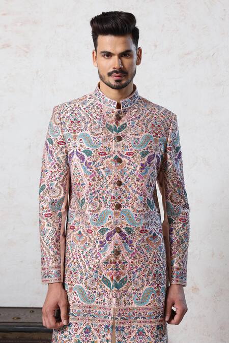 Buy_Millionaire_Peach Silk Embroidery Thread Work Kurta Set _Online_at_Aza_Fashions