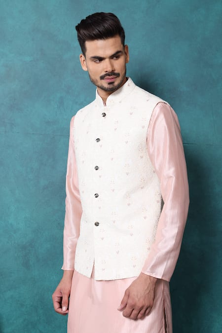 Millionaire_Peach Embroidery, Beads Lucknowi Work Koti And Kurta Set _Online_at_Aza_Fashions