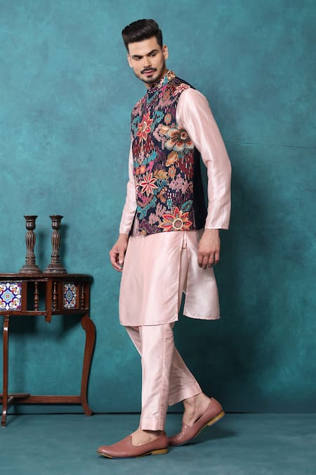 Millionaire_Peach Silk Embroidery, Sequins Thread Work Koti And Kurta Set _Online_at_Aza_Fashions