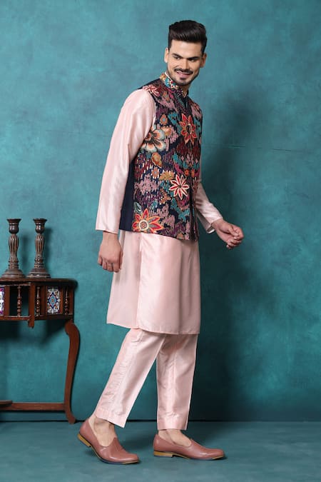 Buy_Millionaire_Peach Silk Embroidery, Sequins Thread Work Koti And Kurta Set _Online_at_Aza_Fashions