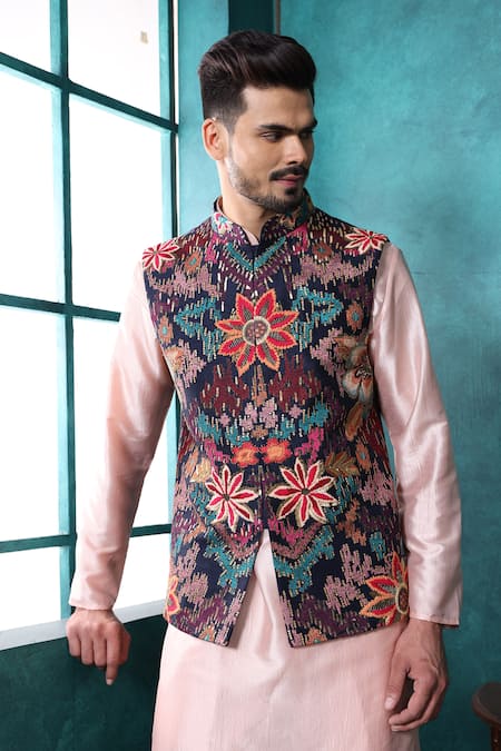 Shop_Millionaire_Peach Silk Embroidery, Sequins Thread Work Koti And Kurta Set _Online_at_Aza_Fashions