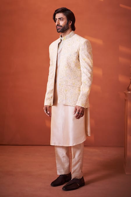 Millionaire_Peach Silk Embroidery, Metallic Thread Resham Work Bandhgala Set _Online_at_Aza_Fashions