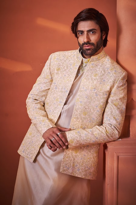 Shop_Millionaire_Peach Silk Embroidery, Metallic Thread Resham Work Bandhgala Set _Online_at_Aza_Fashions