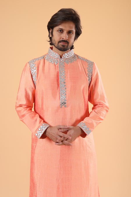 Millionaire_Orange Silk Zari Placement Applique Work Kurta Set  _Online_at_Aza_Fashions