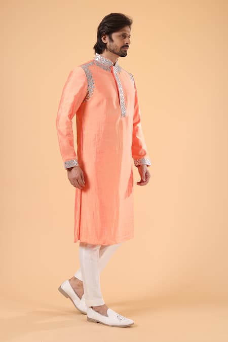 Shop_Millionaire_Orange Silk Zari Placement Applique Work Kurta Set  _Online_at_Aza_Fashions