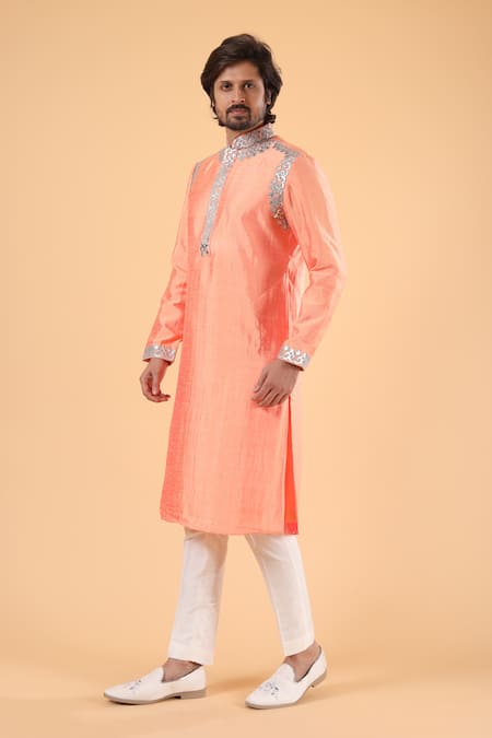 Millionaire_Orange Silk Zari Placement Applique Work Kurta Set  _at_Aza_Fashions
