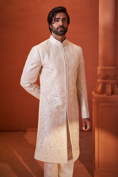 Millionaire Off White Silk, Shantoon Embroidery, Pearls Resham Thread And Work Sherwani Set Online at Aza Fashions Millionaire_Off White Silk, Shantoon Embroidery, Pearls Resham Thread And Work Sherwani Set _Online_at_Aza_Fashions