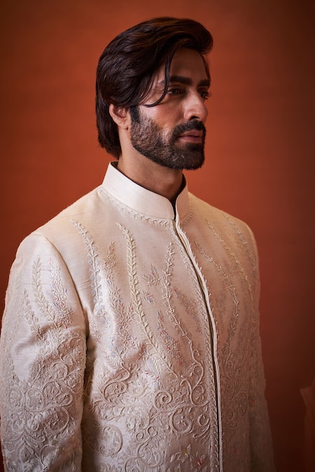 Shop Millionaire Off White Silk, Shantoon Embroidery, Pearls Resham Thread And Work Sherwani Set Online at Aza Fashions Shop_Millionaire_Off White Silk, Shantoon Embroidery, Pearls Resham Thread And Work Sherwani Set _Online_at_Aza_Fashions
