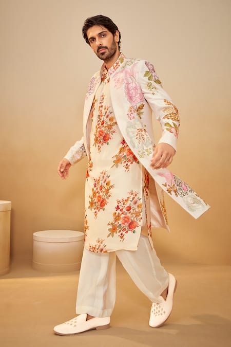 Buy Millionaire Off White Silk Embroidery Thread Work Sherwani Set Online at Aza Fashions Buy_Millionaire_Off White Silk Embroidery Thread Work Sherwani Set _Online_at_Aza_Fashions