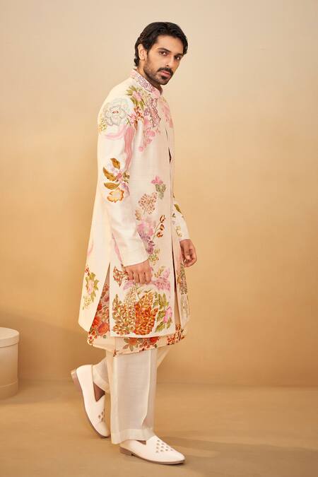 Shop Millionaire Off White Silk Embroidery Thread Work Sherwani Set Online at Aza Fashions Shop_Millionaire_Off White Silk Embroidery Thread Work Sherwani Set _Online_at_Aza_Fashions