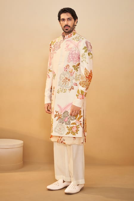 Millionaire Off White Silk Embroidery Thread Work Sherwani Set at Aza Fashions Millionaire_Off White Silk Embroidery Thread Work Sherwani Set _at_Aza_Fashions