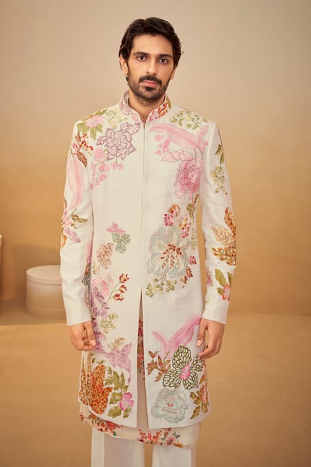 Buy Millionaire Off White Silk Embroidery Thread Work Sherwani Set Buy_Millionaire_Off White Silk Embroidery Thread Work Sherwani Set