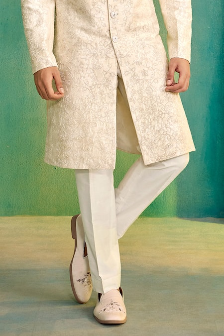 Millionaire_Off White Silk Embroidery, Stones Garden Sherwani Set _Online_at_Aza_Fashions