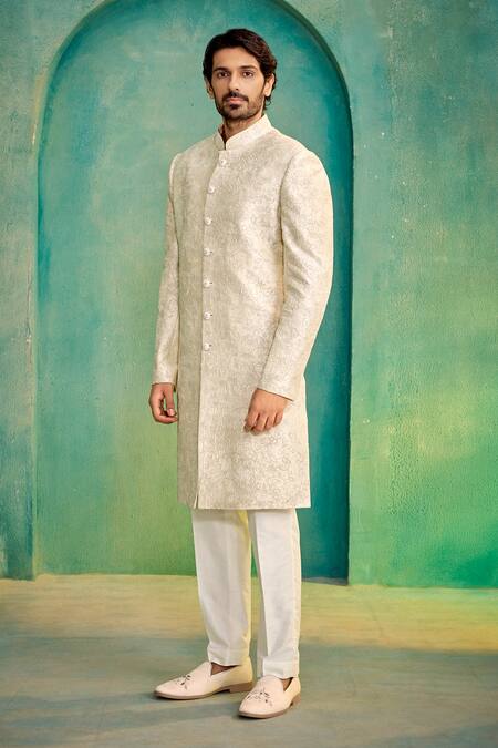 Buy_Millionaire_Off White Silk Embroidery, Stones Garden Sherwani Set _Online_at_Aza_Fashions