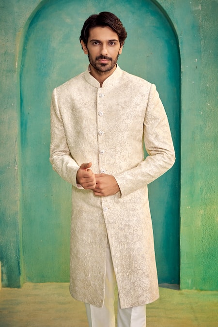 Shop_Millionaire_Off White Silk Embroidery, Stones Garden Sherwani Set _Online_at_Aza_Fashions