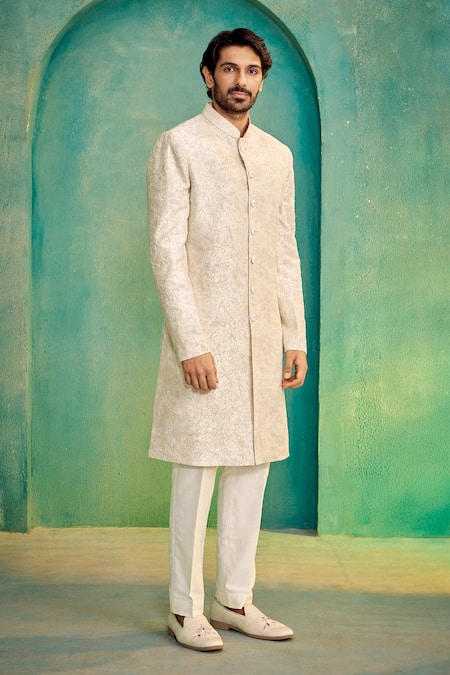 Millionaire_Off White Silk Embroidery, Stones Garden Sherwani Set _at_Aza_Fashions