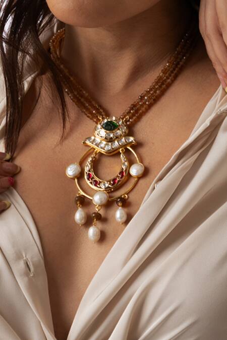 Joules By Radhika_Multi Color Ornate Crescent Beaded Necklace _Online_at_Aza_Fashions