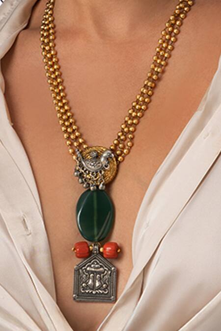 Joules By Radhika_Gold Plated Layered Stone Pendant Necklace _Online_at_Aza_Fashions