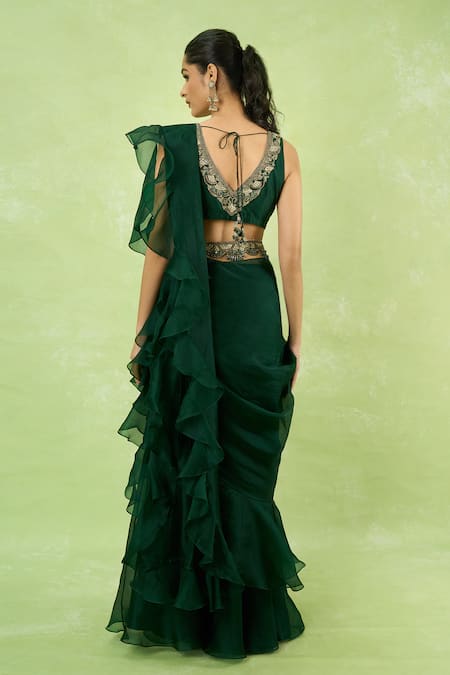 Prisho Ruffle Pre-Draped Saree With Embroidered Blouse 
