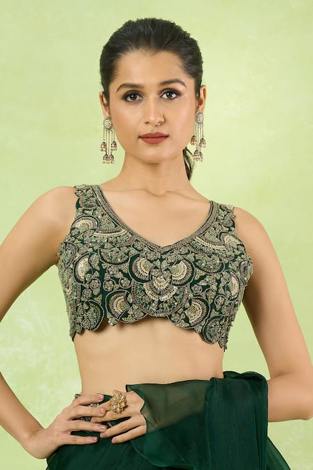 Prisho_Green Embroidery, Zari, Metallic Thread, Ruffle Pre-draped Saree With Blouse _at_Aza_Fashions