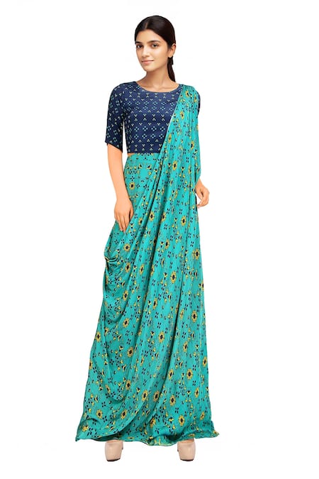 Soup By Sougat Paul Blue printed saree gown 