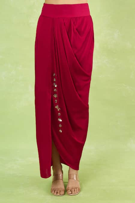 Prisho_Red Sequins, Stones Round Neck Embroidered Kurta With Draped Skirt _at_Aza_Fashions