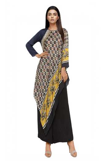 Buy Soup By Sougat Paul Black Satin Round Printed Kurta Palazzo Set at Aza Fashions Buy_Soup By Sougat Paul_Black Satin Round Printed Kurta Palazzo Set _at_Aza_Fashions
