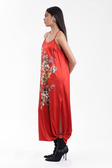 Buy_AK-OK_Red Silk Round Neck Printed Dress _Online_at_Aza_Fashions