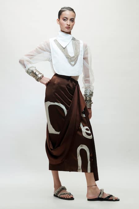 AK-OK Draped Abstract Print Asymmetric Skirt 