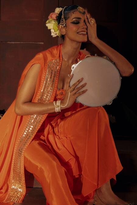 Buy_Prahnaaya_Orange Vegan Silk, Crepe Applique, Pearls Mangala Embroidered Cape Skirt Set 