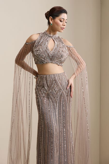 Shop_Chaashni By Maansi And Ketan_Gold Organza, Net Sequins, Beads, Pearls, Embroidered Lehenga And Blouse Set _Online_at_Aza_Fashions