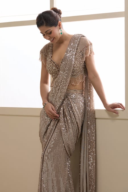 Chaashni By Maansi And Ketan_Gold Net Sequins, Pearls, Crystals, Pre-draped Saree With Embellished Blouse _Online_at_Aza_Fashions