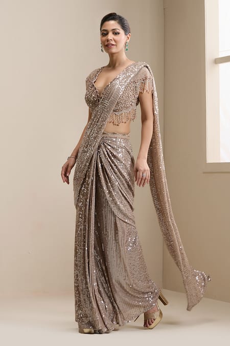Buy_Chaashni By Maansi And Ketan_Gold Net Sequins, Pearls, Crystals, Pre-draped Saree With Embellished Blouse _Online_at_Aza_Fashions