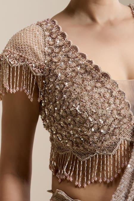 Chaashni By Maansi And Ketan_Gold Net Sequins, Pearls, Crystals, Pre-draped Saree With Embellished Blouse _at_Aza_Fashions