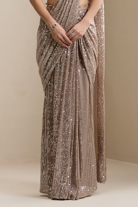 Buy_Chaashni By Maansi And Ketan_Gold Net Sequins, Pearls, Crystals, Pre-draped Saree With Embellished Blouse 