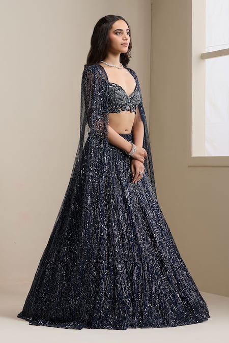 Chaashni By Maansi And Ketan_Blue Net Sequins, Beads, Crystals, Stones Embellished Cape Lehenga Set _Online_at_Aza_Fashions