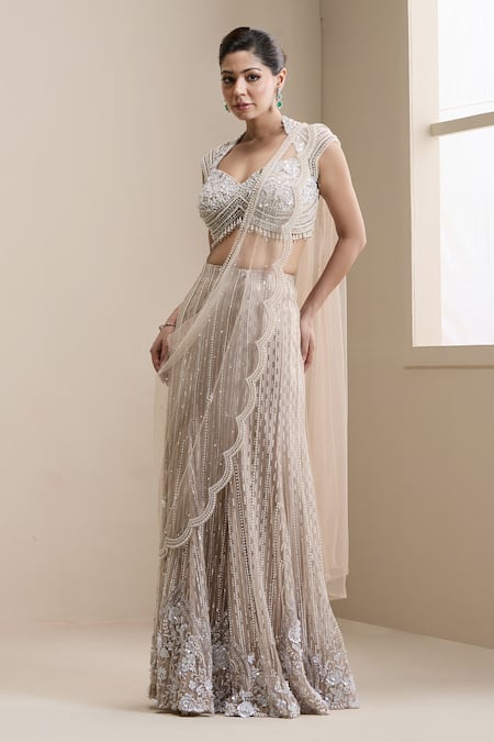 Buy_Chaashni By Maansi And Ketan_Beige Net Sequins, Pearls, Embellished Pre-draped Lehenga Saree With Blouse _Online_at_Aza_Fashions