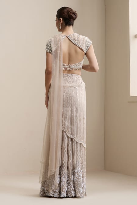 Chaashni By Maansi And Ketan Net Embellished Pre-Draped Lehenga Saree With Blouse 