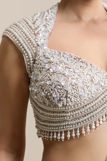 Chaashni By Maansi And Ketan_Beige Net Sequins, Pearls, Embellished Pre-draped Lehenga Saree With Blouse _at_Aza_Fashions