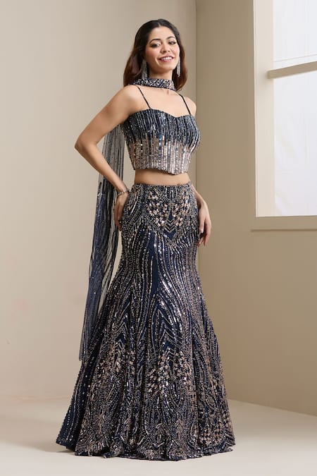 Chaashni By Maansi And Ketan_Blue Net Beads, Sequins, Embroidery Sweetheart Neck Embellished Lehenga Set _Online_at_Aza_Fashions