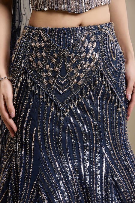 Shop_Chaashni By Maansi And Ketan_Blue Net Beads, Sequins, Embroidery Sweetheart Neck Embellished Lehenga Set _Online_at_Aza_Fashions